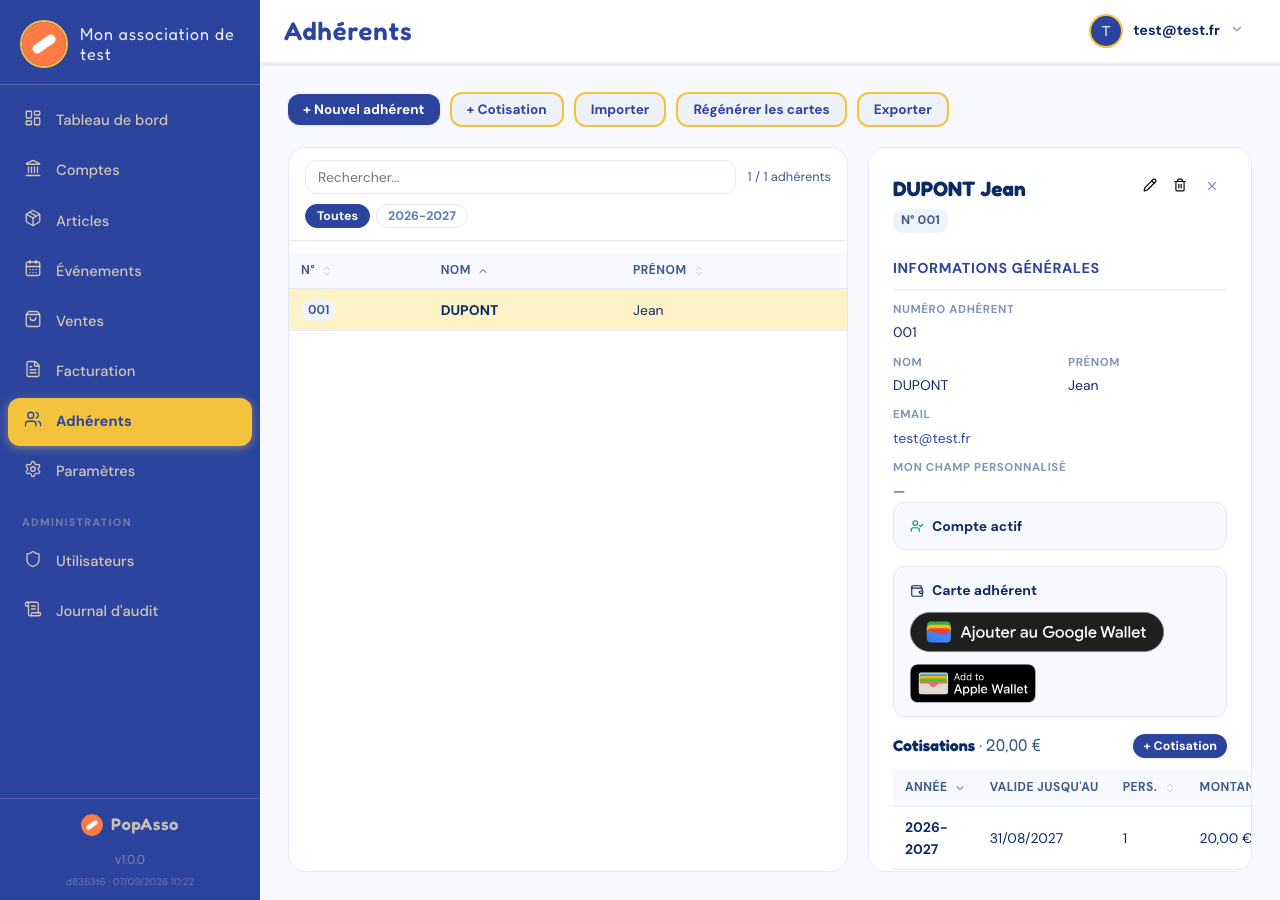 Fiche adhérent avec le bloc Carte adhérent (Apple/Google Wallet).